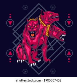 Red Cerberus illustration in sacred geometry style