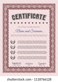 Red Certificate of achievement. With background. Vector illustration. Money Pattern. 