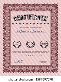 Red Certificate of achievement. With background. Vector illustration. Money Pattern design. 