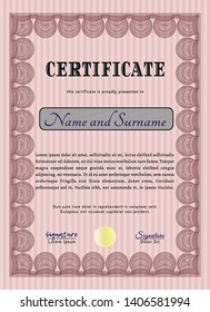 Red Certificate of achievement. Complex background. Sophisticated design. Vector illustration. 