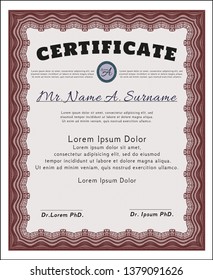 Red Certificate of achievement. With complex linear background. Detailed. Money Pattern. 