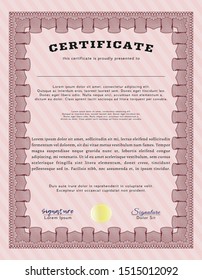 Red Certificate of achievement. With complex linear background. Money style design. Vector illustration. 