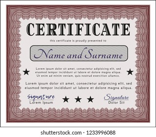 Red Certificate of achievement. Detailed. With complex linear background. Lovely design. 
