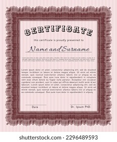 Certificado rojo de logro.  Diseño elegante.  Con un fondo complejo.   