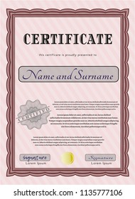 Red Certificate of achievement. Excellent design. Detailed. With great quality guilloche pattern. 