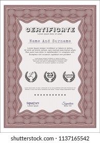 Red Certificate of achievement. With guilloche pattern and background. Vector illustration. Nice design. 