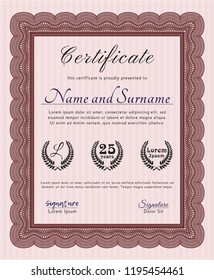 Red Certificate of achievement. With guilloche pattern. Vector illustration. Sophisticated design. 
