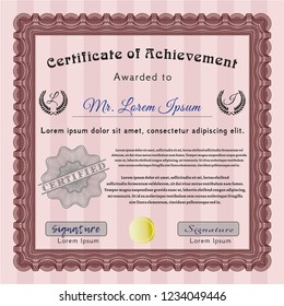 Red Certificate of achievement. With guilloche pattern. Retro design. Vector illustration. 