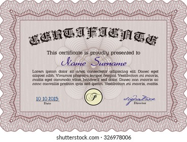 Certificado rojo de logro. Con patrón de guilloche. Diseño sofisticado. Ilustración vectorial.