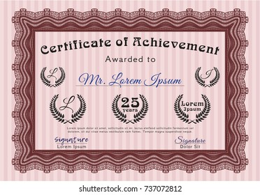 Red Certificate of achievement. With guilloche pattern. Money design. Vector illustration. 