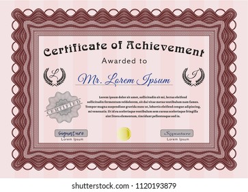 Red Certificate of achievement. Modern design. Detailed. With complex linear background. 