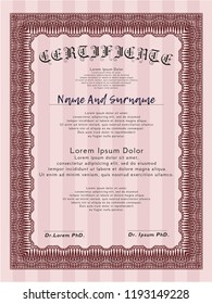 Red Certificate of achievement. Money Pattern. Printer friendly. Vector illustration. 