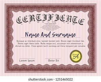 Red Certificate of achievement template. With background. Detailed. Beauty design. 