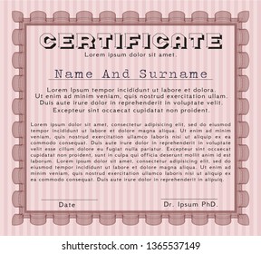 Red Certificate of achievement template. With complex linear background. Vector illustration. Money Pattern design. 