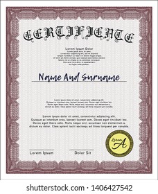 Red Certificate of achievement template. With complex linear background. Money design. Detailed. 