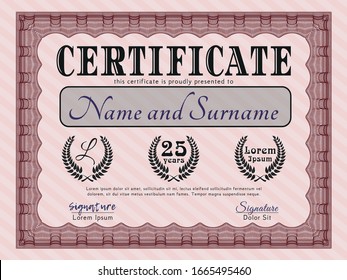 Red Certificate of achievement template. Complex background. Money Pattern. Detailed. 
