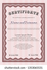 Red Certificate of achievement template. Excellent design. Detailed. With great quality guilloche pattern. 