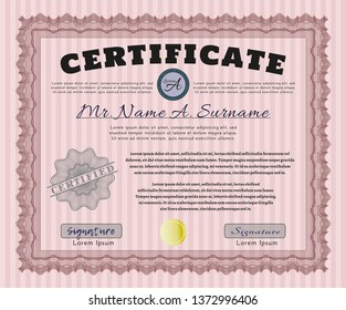 Red Certificate of achievement template. With great quality guilloche pattern. Cordial design. Vector illustration. 