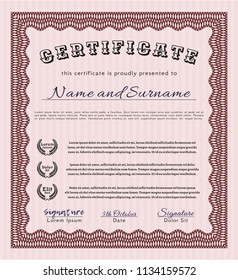 Red Certificate of achievement template. With guilloche pattern. Detailed. Money Pattern design. 