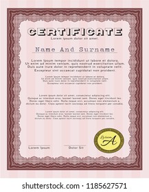 Red Certificate of achievement template. With guilloche pattern and background. Customizable, Easy to edit and change colors. Superior design. 