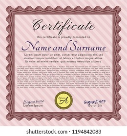Red Certificate of achievement template. With guilloche pattern and background. Excellent design. Detailed. 