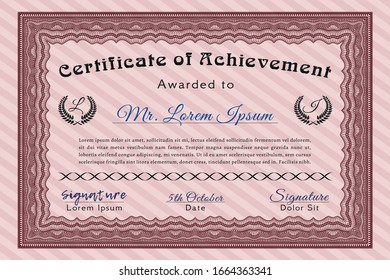 Red Certificate of achievement template. With linear background. Detailed. Modern design. 