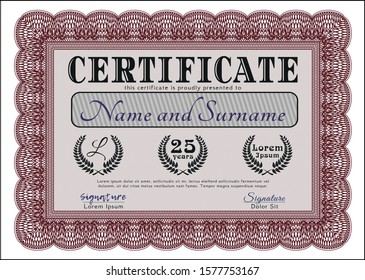 Red Certificate of achievement template. Lovely design. Printer friendly. Detailed. 