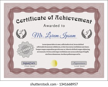 Red Certificate of achievement template. Money style design. With complex linear background. Customizable, Easy to edit and change colors. 