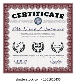 Red Certificate of achievement template. Money Pattern. Customizable, Easy to edit and change colors. With complex linear background. 