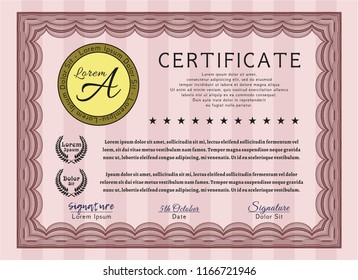 Red Certificate of achievement template. Retro design. With great quality guilloche pattern. Vector illustration. 