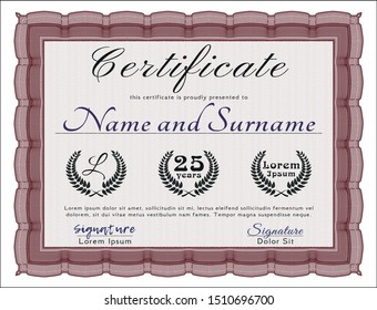 Red Certificate of achievement template. Sophisticated design. With guilloche pattern. Vector illustration. 