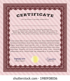 Red Certificate of achievement template.  Sophisticated design.  With complex background.  Detailed. 