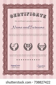 Red Certificate of achievement template. Superior design. With guilloche pattern and background. Detailed. 