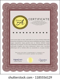 Red Certificate of achievement template. Vector illustration. With complex background. Money style design. 
