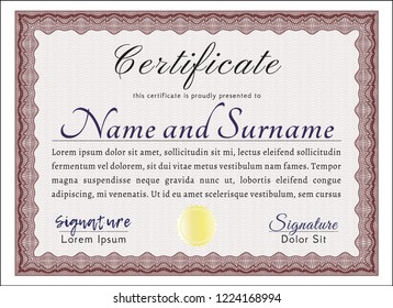 Red Certificate of achievement template. Vector illustration. With guilloche pattern. Beauty design. 