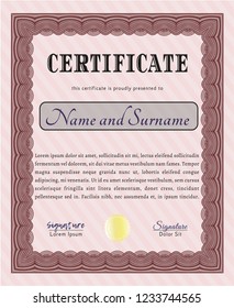 Red Certificate of achievement template. Vector illustration. With linear background. Money Pattern. 