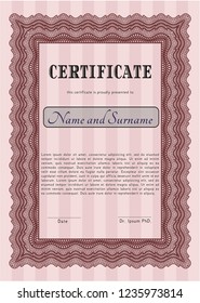Red Certificate of achievement template. Vector illustration. Printer friendly. Money Pattern. 