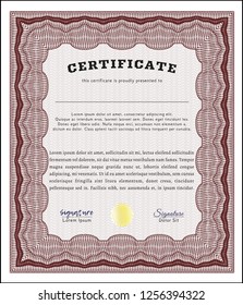 Red Certificate of achievement. Vector illustration. With guilloche pattern and background. Good design. 