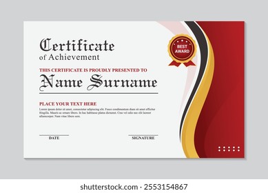 certificado vermelho do distintivo de apreciação com distintivo dourado isolado no vetor de fundo dourado, modelo para diploma, prêmio e educação