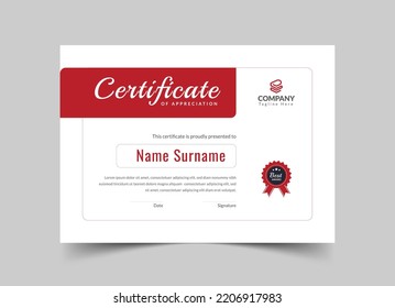 Red Certificate of appreciation, Clean modern certificate with badge, Certificate vector template