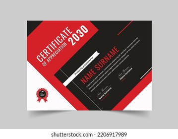 Certificado rojo de apreciación, certificado moderno limpio con insignia, plantilla vectorial de certificado