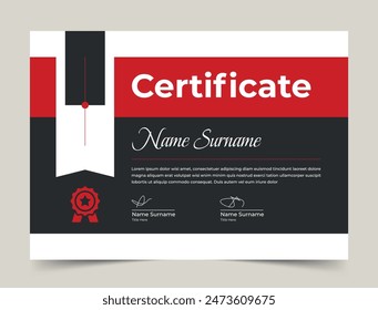Certificado rojo de la apreciación, certificado moderno limpio con la insignia, Plantilla del Vector del certificado