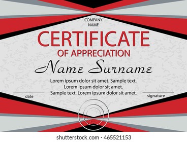 Red certificate of appreciation, diploma. Horizontal. Winning the competition. Reward. Award winner. Vector illustration. The text on separate layer.