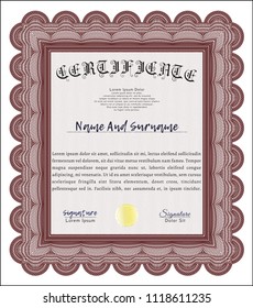 Red Certificate diploma or award template. Money Pattern. Vector illustration. With guilloche pattern and background. 