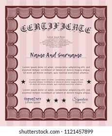 Red Certificate diploma or award template. Vector illustration. Printer friendly. Money Pattern. 