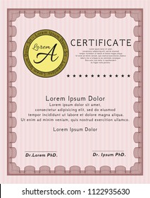 Red Certificate diploma or award template. Vector illustration. With linear background. Artistry design. 