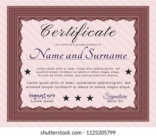 Red Certificate diploma or award template. Vector illustration. Easy to print. Money Pattern. 