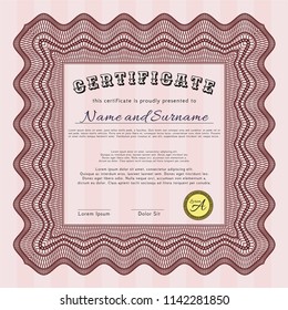 Red Certificate diploma or award template. Money Pattern design. Detailed. With guilloche pattern and background. 