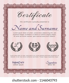 Red Certificate diploma or award template. Lovely design. Vector illustration. With complex linear background. 