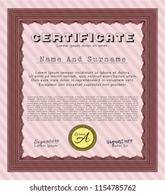 Red Certificate diploma or award template. Sophisticated design. With quality background. Detailed. 
